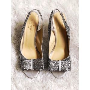 kate spade silver glitter charm heels